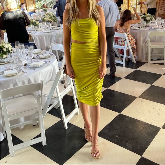 HALSTON Averie Ruched cut out jersey cocktail midi dress in sulfer size 16 - Picture 2 of 10